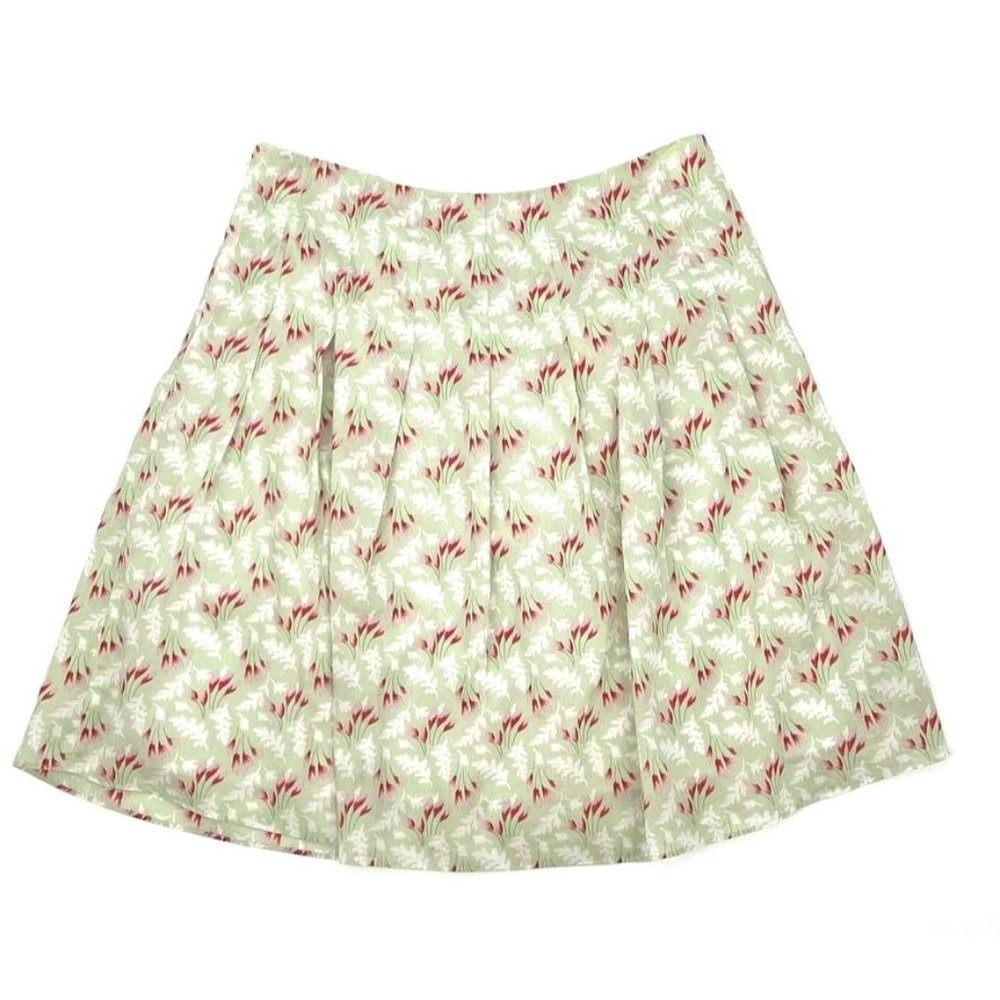 Lands End Cotton Yoke Waist Floral Skirt Pleated Lined Cottage Green Pink 14